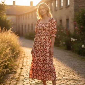 Betsey Johnson Strawberry Print Smocked Maxi Tiered Red Pink Dress Size Medium
